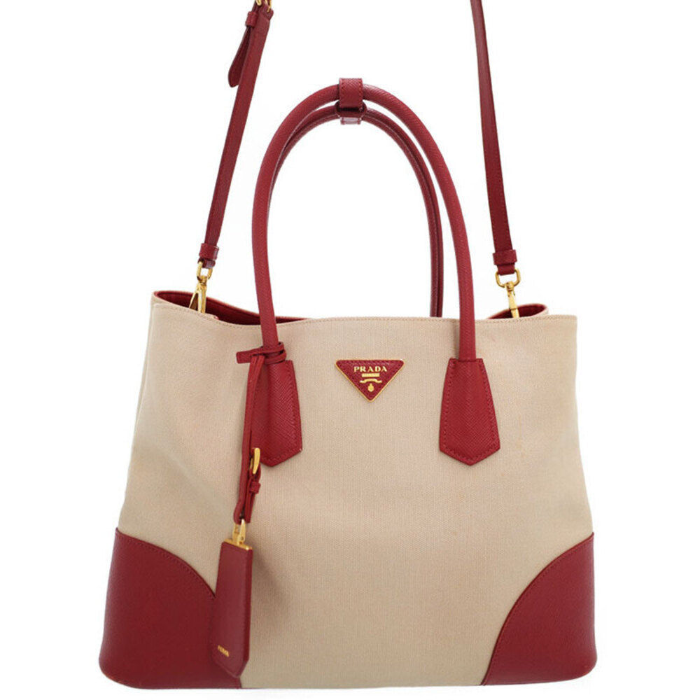 Prada Canapa Saffiano Double Bag beige red
